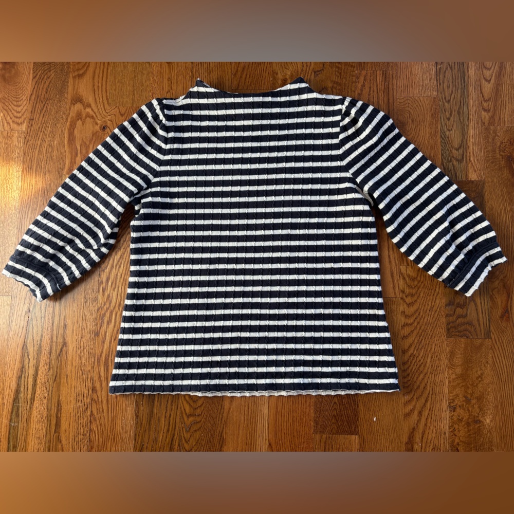 Talbots Knit LP Top Blue White Striped High Neck 3/4 Sleeve Nautical Preppy